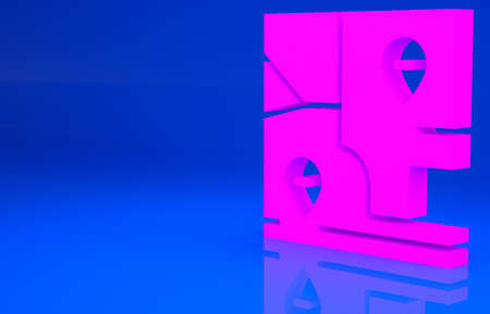 Pink Folded map with location marker icon isolated on blue background. Minimalism concept. 3d...