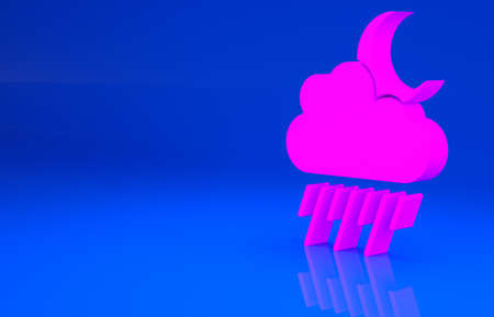 Pink Cloud with rain and moon icon isolated on blue background. Rain cloud precipitation with rain drops. Minimalism concept. 3d illustration. 3D renderの写真素材