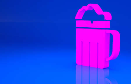 Pink Wooden beer mug icon isolated on blue background. Minimalism concept. 3d illustration. 3D renderの写真素材