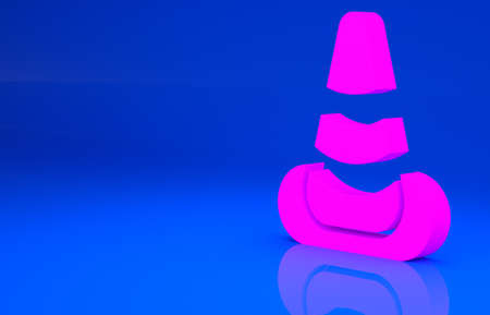 Pink Traffic cone icon isolated on blue background. Minimalism concept. 3d illustration. 3D render
