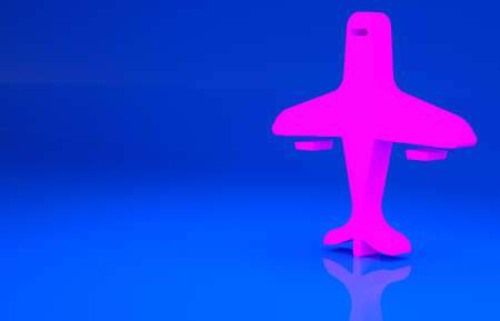 Pink Plane icon isolated on blue background. Flying airplane icon. Airliner sign. Minimalism...