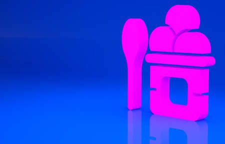 Pink Ice cream in the bowl and spoon icon isolated on blue background. Sweet symbol. Minimalism...