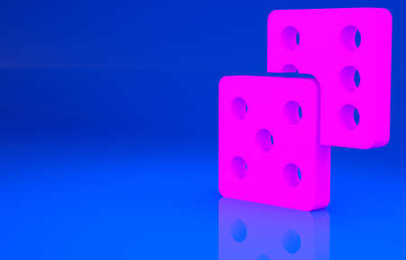 Pink Game dice icon isolated on blue background. Casino gambling. Minimalism concept. 3d illustration. 3D renderの写真素材