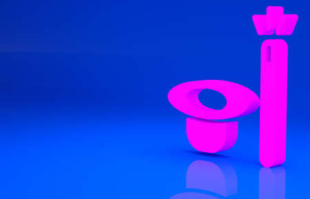Pink Magic hat and wand icon isolated on blue background. Magic trick. Mystery entertainment concept. Minimalism concept. 3d illustration. 3D renderの写真素材