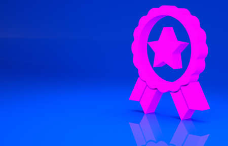 Pink Medal with star icon isolated on blue background. Winner achievement sign. Award medal. Minimalism concept. 3d illustration. 3D renderの写真素材