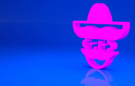 Pink Mexican man wearing sombrero icon isolated on blue background. Hispanic man with a mustache. Minimalism concept. 3d illustration. 3D renderの写真素材