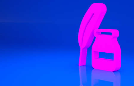 Pink Feather and inkwell icon isolated on blue background. Minimalism concept. 3d illustration. 3D renderの写真素材