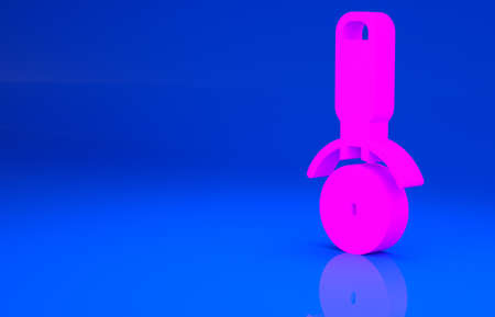 Pink Pizza knife icon isolated on blue background. Pizza cutter sign. Steel kitchenware equipment. Minimalism concept. 3d illustration. 3D renderの写真素材