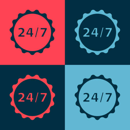 Pop art Clock 24 hours icon isolated on color background. All day cyclic icon. 24 hours service symbol. Vector Illustrationのイラスト素材