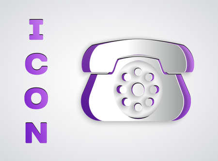 Paper cut Telephone icon isolated on grey background. Landline phone. Paper art style. Vector Illustrationのイラスト素材
