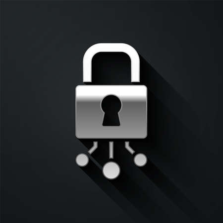 Silver Cyber security icon isolated on black background. Closed padlock on digital circuit board. Safety concept. Digital data protection. Long shadow style. Vectorのイラスト素材