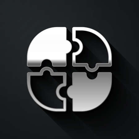 Silver Piece of puzzle icon isolated on black background. Business, marketing, finance, template, layout, infographics, internet concept. Long shadow style. Vectorのイラスト素材