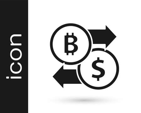 Black Cryptocurrency exchange icon isolated on white background. Bitcoin to dollar exchange icon. Cryptocurrency technology, mobile banking. Vectorのイラスト素材