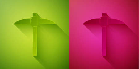 Paper cut Pickaxe icon isolated on green and pink background. Blockchain technology, cryptocurrency mining, bitcoin, digital money market, cryptocoin wallet. Paper art style. Vectorのイラスト素材