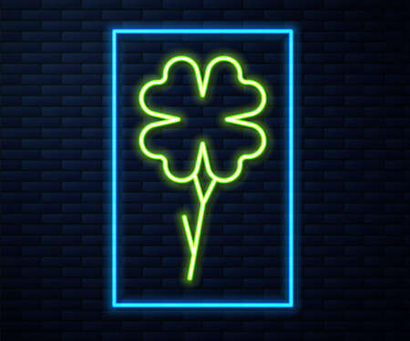Glowing neon line Four leaf clover icon isolated on brick wall background. Happy Saint Patrick day. Vectorのイラスト素材
