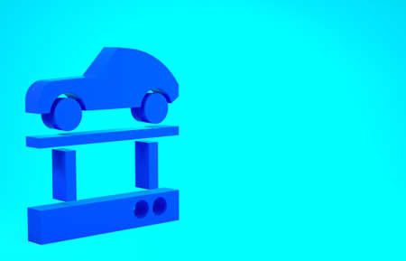 Blue Repair car on a lift icon isolated on blue background. Repair of the underbody, suspension, wheels and engine. Minimalism concept. 3d illustration 3D renderの写真素材