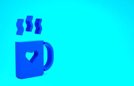 Blue Coffee cup and heart icon isolated on blue background. Couple coffee for lovers on Valentines Day. Minimalism concept. 3d illustration 3D renderの写真素材