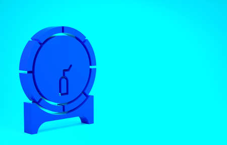 Blue Wooden barrel on rack with stopcock icon isolated on blue background. Minimalism concept. 3d illustration 3D renderの写真素材