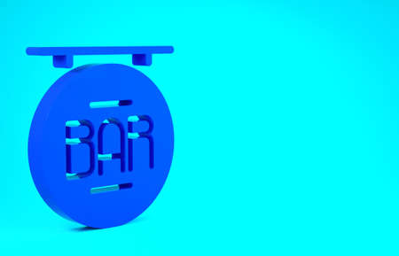 Blue Street signboard with inscription Bar icon isolated on blue background. Suitable for advertisements bar, cafe, restaurant. Minimalism concept. 3d illustration 3D renderの写真素材