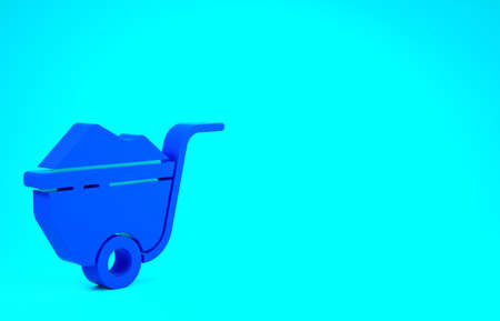 Blue Wheelbarrow with dirt icon isolated on blue background. Tool equipment. Agriculture cart wheel farm. Minimalism concept. 3d illustration 3D renderの写真素材