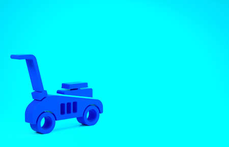 Blue Lawn mower icon isolated on blue background. Lawn mower cutting grass. Minimalism concept. 3d illustration 3D renderの写真素材