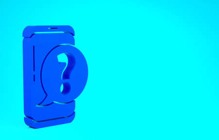 Blue Mobile phone with question icon isolated on blue background. Minimalism concept. 3d...