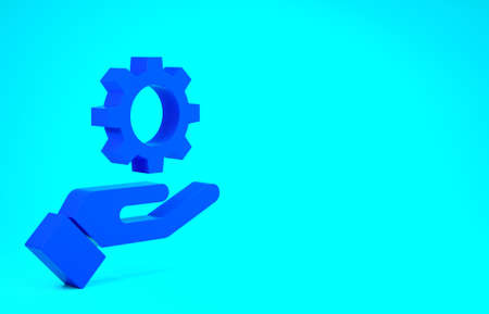 Blue Settings in the hand icon isolated on blue background. Minimalism concept. 3d illustration 3D...