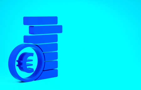 Blue Coin money with euro symbol icon isolated on blue background. Banking currency sign. Cash...