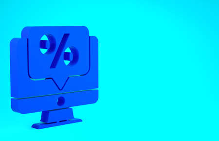 Blue Percent discount and monitor icon isolated on blue background. Sale percentage - price label, tag. Minimalism concept. 3d illustration 3D renderの写真素材