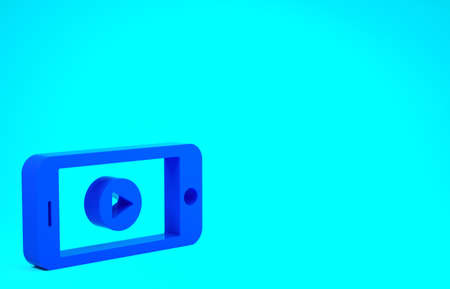Blue Online play video icon isolated on blue background. Smartphone and film strip with play sign. Minimalism concept. 3d illustration 3D renderの写真素材