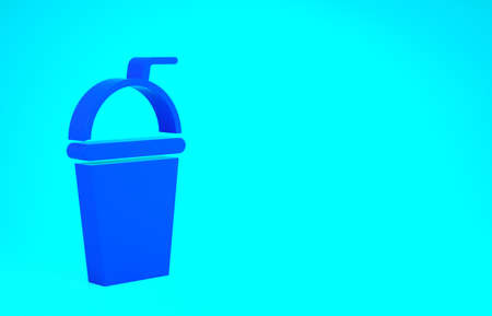 Blue Paper glass with drinking straw and water icon isolated on blue background. Soda drink glass. Fresh cold beverage symbol. Minimalism concept. 3d illustration 3D renderの写真素材