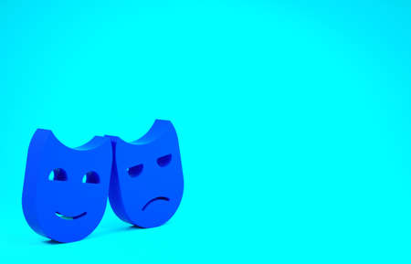 Blue Comedy and tragedy theatrical masks icon isolated on blue background. Minimalism concept. 3d illustration 3D renderの写真素材
