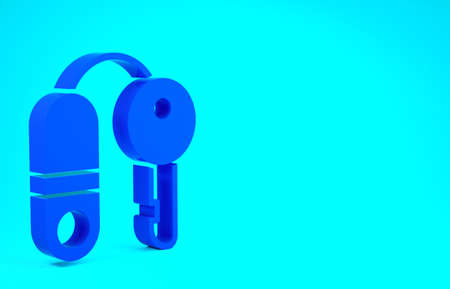 Blue House with key icon isolated on blue background. The concept of the house turnkey. Minimalism concept. 3d illustration 3D renderの写真素材