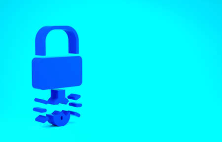 Blue Key broke inside of padlock icon isolated on blue background. Padlock sign. Security, safety, protection, privacy concept. Minimalism concept. 3d illustration 3D renderの写真素材