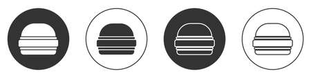 Black Burger icon isolated on white background. Hamburger icon. Cheeseburger sandwich sign. Fast food menu. Circle button. Vectorのイラスト素材
