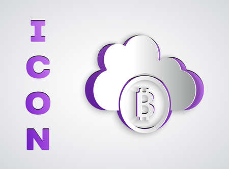 Paper cut Cryptocurrency cloud mining icon isolated on grey background. Blockchain technology, bitcoin, digital money market, cryptocoin wallet. Paper art style. Vectorのイラスト素材