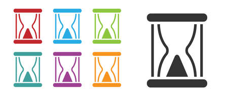 Black Old hourglass with flowing sand icon isolated on white background. Sand clock sign. Business and time management concept. Set icons colorful. Vectorのイラスト素材