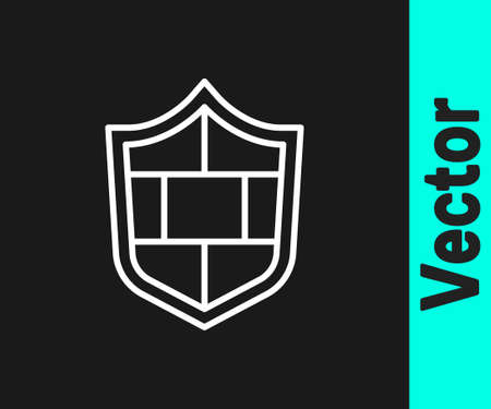 White line Shield with cyber security brick wall icon isolated on black background. Data protection symbol. Firewall. Network protection. Vectorのイラスト素材