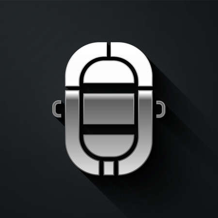 Silver Rafting boat icon isolated on black background. Inflatable boat. Water sports, extreme sports, holiday, vacation. Long shadow style. Vector Illustrationのイラスト素材