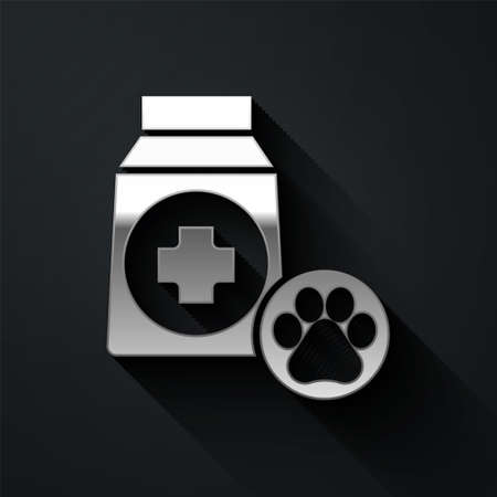 Silver Bag of food for dog icon isolated on black background. Dog or cat paw print. Food for animals. Pet food package. Long shadow style. Vectorのイラスト素材
