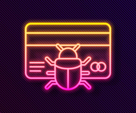 Glowing neon line System bug in credit card icon isolated on black background. Code bug concept. Bug in the system. Bug searching. Vectorのイラスト素材