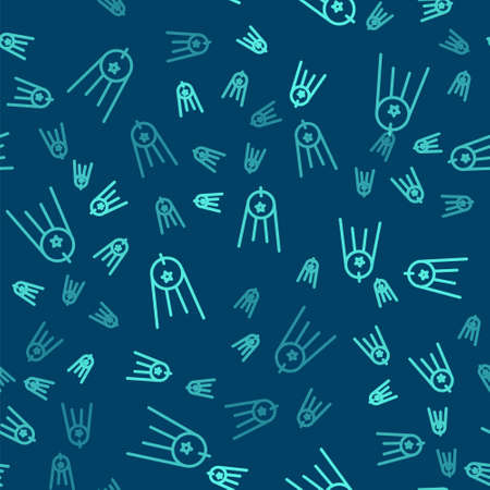 Green line Satellite icon isolated seamless pattern on blue background. Vectorのイラスト素材