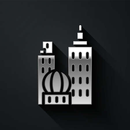 Silver City landscape icon isolated on black background. Metropolis architecture panoramic landscape. Long shadow style. Vector Illustrationのイラスト素材