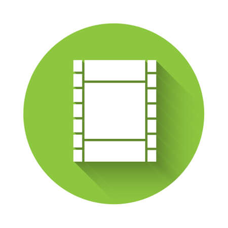 White Play Video icon isolated with long shadow. Film strip sign. Green circle button. Vector Illustrationのイラスト素材