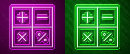 Glowing neon line Calculator icon isolated on purple and green background. Accounting symbol. Business calculations mathematics education and finance. Vector Illustrationのイラスト素材