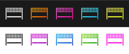 Set Ribbon in finishing line icon isolated on black and white background. Symbol of finish line. Sport symbol or business concept. Vector Illustrationのイラスト素材