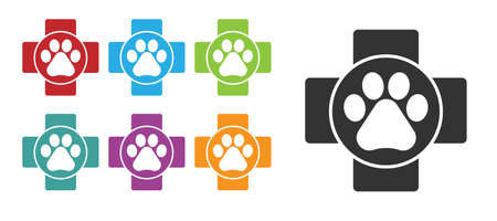 Black Veterinary clinic symbol icon isolated on white background. Cross hospital sign. A stylized paw print dog or cat. Pet First Aid sign. Set icons colorful. Vectorのイラスト素材