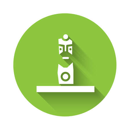 White Slavic pagan idol icon isolated with long shadow. Antique ritual wooden idol. Green circle button. Vectorのイラスト素材