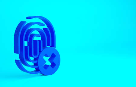 Blue Cancelled fingerprint icon isolated on blue background. Access denied for user concept. Error, fraud. Identification sign. Touch id. Minimalism concept. 3d illustration 3D renderの写真素材