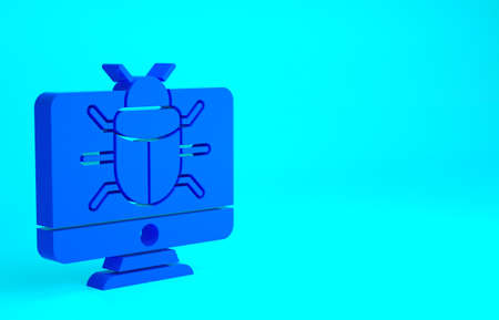 Blue System bug on monitor icon isolated on blue background. Code bug concept. Bug in the system....